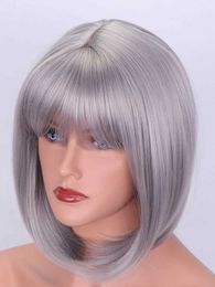 Synthetic Wigs Lace Wigs 12 Inch Natural Short Hair bobo Head Silver Grey Womens Straight Wigs Daily Party 240328 240327