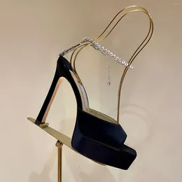 Sandals Women Lady 2024 Zapatos Mujer Peep Toe High Heels Shoes Black Satin Platform Sandalias Crystal Slingback Pumps Luxury Designers