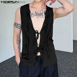 Men's Tank Tops Men Tank Tops Solid Colour Lace Up Sleeveless Hollow Out Streetwear Sexy Vests 2023 Stylish Summer Men Clothing S-5XL L240319