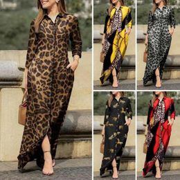 Casual Dresses Maxi Dress Leopard Geometric Patchwork Print For Women With Long Sleeve Single Breasted Pocket Spring Autumn Shirt