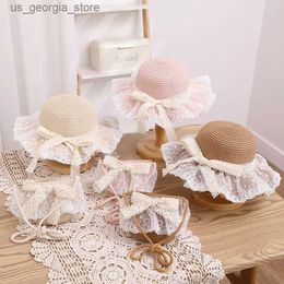 Wide Brim Hats Bucket Hats Baby Girl Str Hat and Shoulder Bag Set Summer Fashion Beach Bucket Hat Parents and Children Wide Brown Lace Holiday Beach Sun Hat Y240319