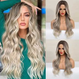 Synthetic Wigs Synthetic Lace Wigs For Women Ombre Blond Lace Wigs Body Wave 26 Inches Long Wavy Cosplay Wigs T Part Lace Wig Heat Resistant 240329