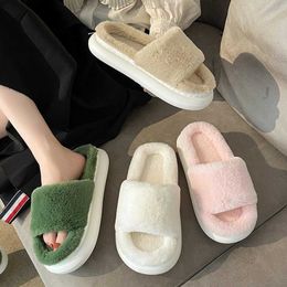 HBP Non-Brand fluffy Fur White Furry Thick Platform Home Women Winter Warm Plush Slides Flip Flops Indoor Bed Room Slippers for Women