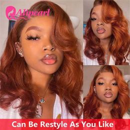 Synthetic Wigs Ali Pearl Copper Color 13x4 Lace Front Human Hair Wigs Peruvian #35 Body Wave Wig for Women Pre-Plucked Remy Hair 180 Density 240329