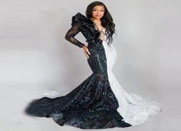 Long Sleeves Mermaid Black and White Lace Prom Dresses 2021 African Formal Party Gown robes de soiree4268391