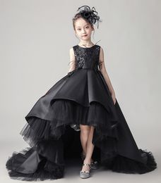 Beauty Black Satin Jewel Applique Beads Hi-Lo Flower Girl Dress Girl's Pageant Dresses Party/Birthday Dresses Girl's Skirt Custom SZ 2-12 D319022