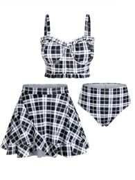 ROSEGAL Plus Size Padded Plaid Three Piece Swimwear Women Tankini TopBriefs And Skirt Fashion High Waist Beachwear Bathing Suit 240319