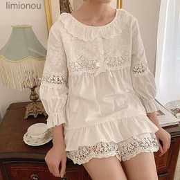 Women's Sleepwear Summer Womens Lolita Flower Embroidery Pyjama Sets Tops+Shorts.Vintage Ladies Girls Pyjamas set.Victorian Sleepwear LoungewearC24319