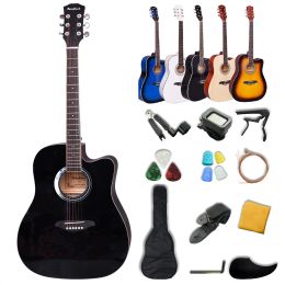 Guitar 41 Inch Acoustic Guitar Kit for Adults with Capo Tuner Picks Finger Protector Blue/Black/White/Sunset/Wooden 6 Strings Guitar