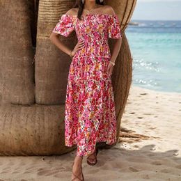 Casual Dresses Summer Dress Women Printed Off-shoulder Colourful Flower Print Off Shoulder Beach With A-line Patchwork For