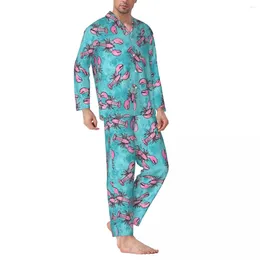 Men's Sleepwear Pyjamas Man Lobsters Print Sleep Pink And Blue 2 Piece Loose Pyjama Sets Long Sleeves Kawaii Oversized Home Suit