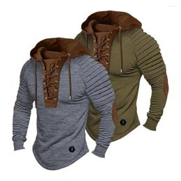 Men's Hoodies Men Hooded Sweatshirt Vintage Lace-up Drawstring Hoodie For Pleated Shoulder Design Slim Fit Stretchy Top With Color