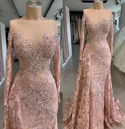 Classy Lace Long Sleeves Evening Dresses Sheer Bateau Neck Beaded Overskirt Prom Gowns Sweep Train A Line Plus Size Formal Dress6290556