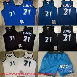 Classic Retro Authentic Embroidery 1997-98 Basketball 21 KevinGarnett Jersey Vintage Blue Black 1995-96 Real Stitched Jersey 2003-04 Breathable Sport Just Don Short