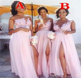 2020 Cheap Sexy Baby Pink Long Bridesmaid Dresses Jewel Neck Illusion Lace Appliques Chiffon Bridesmaids Pink Party Dress Wedding 2079499