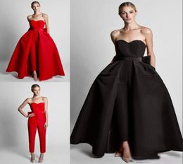 Fashion Red Detachable Train Evening Prom Dresses Cheap Jumpsuits Bows Sweetheart Simple Satin Pants Suits Whole Zuhair Murad6072544