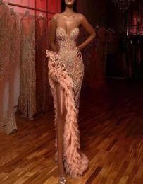 2021 Sequined Mermaid Evening Dresses Off Shoulder Long Train Side Split Prom Celebrity Gowns Feather Sexy Plus Size Formal Party 9222228