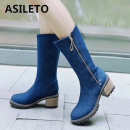 Boots ASILETO Boots Women thick High Heels Spring Summer Shoes Midcalf Zip Blue Denim Booties Western Cowboy Jeans Botas Mujer Big 43