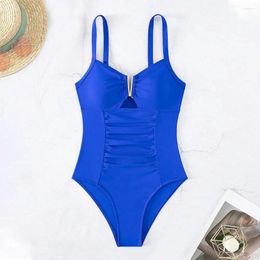 Women's Swimwear Women Monokini Stylish V-neck One-piece Swimsuit For Pleated Beachwear With Quick-drying Fabric Solid Colour
