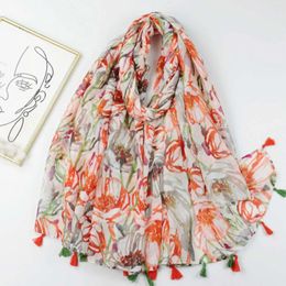 Scarves 2024 Spring Fashion Tulip Print Tassel Scarf Shawls Long Floral Foulard Hijab Wrap