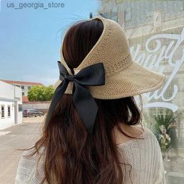 Wide Brim Hats Bucket Hats Summer wide Brim Str womens hat womens empty top ribbon bow sun hat womens elegant folding soft outdoor travel beach tourism hat Y240319