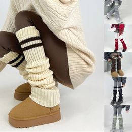 Women Socks Thicken Ribbed Knit Leg Warmer Preppy Double Striped Covers Snow Boot Cuffs Over Knee Stacked Long