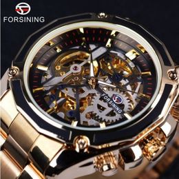 Forsining Steampunk Gear Design Transparent Case Automatic Watch Gold Stainless Steel Skeleton Luxury Men Watch Top Brand Luxury W292A