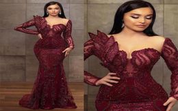 2022 Gorgeous Burgundy Beaded Evening Dresses Mermaid Sheer Neck Prom Dress Long Sleeves Formal Party Second Reception Gowns Arabi5275187