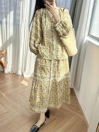 Work Dresses Women Yellow Floral Print Hollow Out Suit V-neck Lantern Sleeve Blouse Or A-line Skirt Ladies Sweet Set Spring 2024