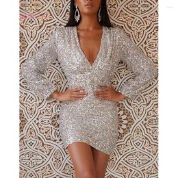 Party Dresses Women's Sheath Prom Dress 2024 Short Mini Silver Sequined Reflective Formal Gowns Long Sleeve Summer V Neck Evening