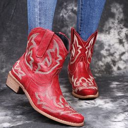 Boots Western Cowboy Boots Faux Leather Winter Shoes Retro Ethnic Women Boots Embroidered Footwear Big Size Womem Shoes Botas Mujer