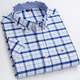 S~7xl Cotton Shirts for Men Short Sleeve Summer Plus Size Plaid Shirt Striped Male Shirt Business Casual White Regular Fit 240306