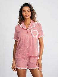 Women s Summer Pyjamas Shorts Set Button Plaid Short Sleeve Lapel Tops and 2 Piece Lounge Sleepwear PJ 240228