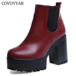 Boots COVOYYAR 2023 Vintage Platform Chunky Heel Ankle Boots Women Spring Autumn Fashion Booties Woman Shoes Black/Red Size 40 WBS279