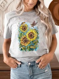 Women's T Shirts Sunflower Watercolour Vintage Casual Tee Summer Women Clothing Short Sleeve Female Fashion Printed Clothes Graphic T-shirts