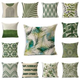 Pillow Green Leaf Cover Printed Sofa Home Decor Rainforest Flax Geometric Botanical Plaid Stripe DF492
