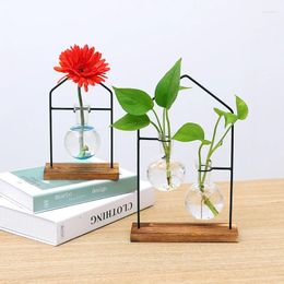 Vases 4Styles Transparent Ball Heart Flower With Wooden Frame Simple Art Hydroponic Living Room Office Table Shelf Decoration