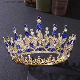 Tiaras New popular European and American leaf rhinestone headwear crown Baroque red crystal Sen series round bride crown Y240319