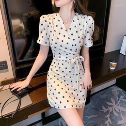 Casual Dresses Toplight 2024 Women's Solid Color Slim Fit Polka Dot Temperament Sexy Belt Bow Buttocks Fashionable Dress