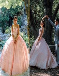 Amazing Rose Gold Sequined Fabric Ball Gown Prom Quinceanera Dresses Sweetheart Crystal Beaded Long Corset Evening Formal Dress fo6624150