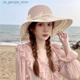 Wide Brim Hats Bucket Hats Panama Spring/Summer Womens Lace Ribbon Sunset Beach Sun Hat Fashion Sunscreen Big Brown Bow Summer Hat H57 Y240319