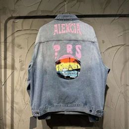 High Version 24ssb New Unisex Washed and Distressed Denim Jacket with Letters on the Back