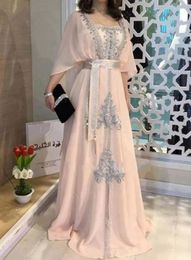 Gorgeous Pink Muslim Caftan Evening Dresses with Sleeves Chiffon Appliques Lace Islamic Dubai Saudi Arabic Long Prom Dresses Forma4057331