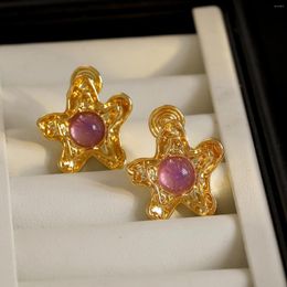 Backs Earrings INS Trend Purple Natural Stone Crystal No Piercing Ear Clip Women Gold Colour Star Earclips Textured Cuff Charm Jewellery