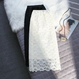 Skirts 2024 Women Elegant Fashion Flower Embroidery Hollow Out Lace Womens Casual Skirt Party Black Midi