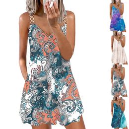 Casual Dresses Women Summer Boho Floral Print Beach Dress V Neck Sleeveless Spaghetti Strap Sundresses With Pockets Vestido Feminino