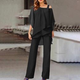 Women's Two Piece Pants Women Trousers Suit Trumpet Sleeve Irregularity Cross Doubel Layer Off Shoulder Slash Collar Tops Wide Leg Straight