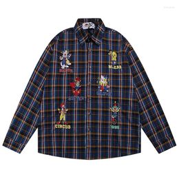 Men's Casual Shirts Fun Cartoon Clown Embroidery Loose Long Sleeve Shirt Mens Summer Streetwear Lapel Plaid Men Clothing Tees Tops