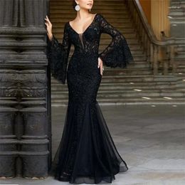 Party Dresses Lace Deep-V Neck Women Prom Dress Tight Waist Fishtail Skirt Glamorous Black Long Sleeve Evening Arrival In Stock