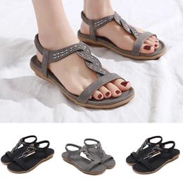 Sandals Summer All-Match Fashion Women'S Open-Toe Bohemian Rhinestone Flat Elastic Band Beach Shoes Woman Flats